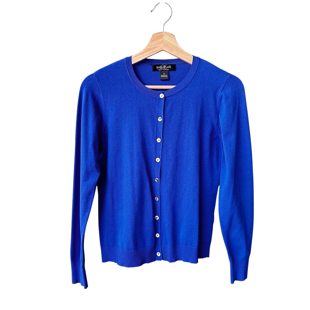 August Silk Cardigan Sweater Royal Blue Silk Blend Button Front Womens Medium